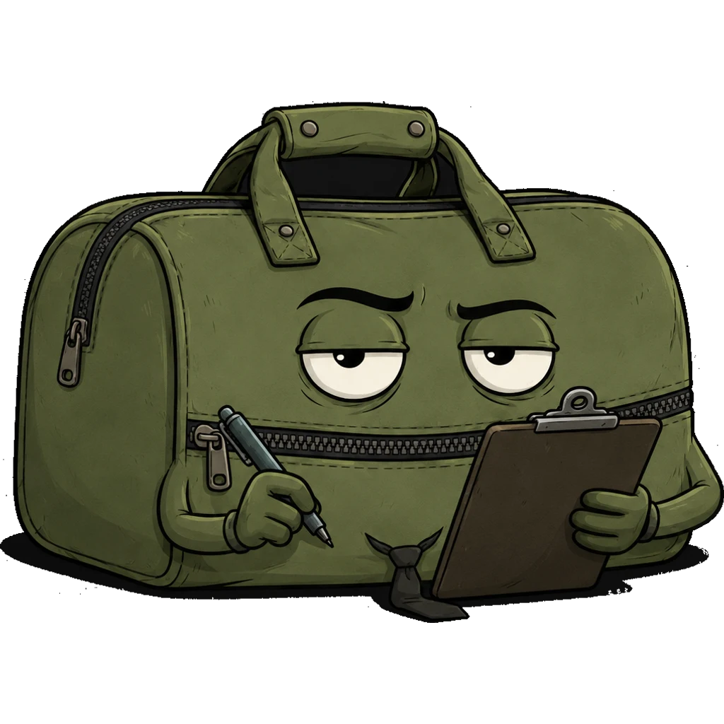 Baggy with a clipboard and pen, auditing — "checking receipts."