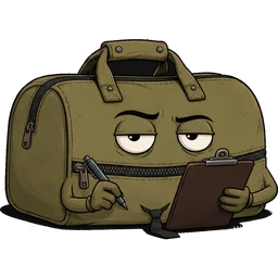 Baggy, a worn olive duffel with a zipper mouth and a crooked tie, still reading, patient