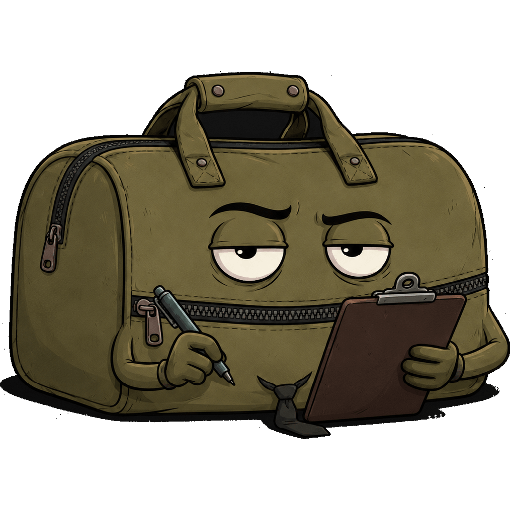 Baggy, a worn olive duffel with a zipper mouth and a crooked tie, still reading, patient