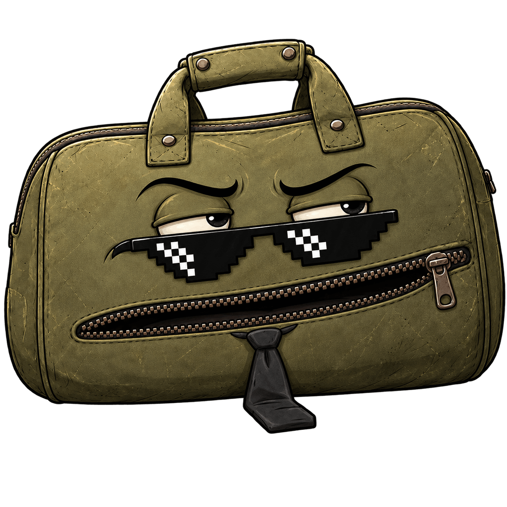 Baggy, a worn olive duffel with a zipper mouth and a crooked tie, pixel shades, smug